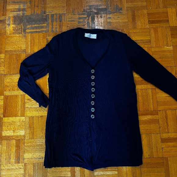 Navy 90s stretch button down long sleeved shirt - Picture 6 of 9